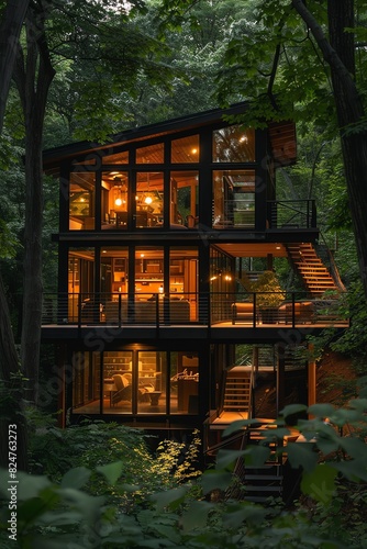 Modern treehouse with glass walls, surrounded by lush forest