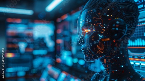Futuristic android with intricate digital circuits, artificial intelligence concept, glowing in neon blue and red in a high-tech environment. photo