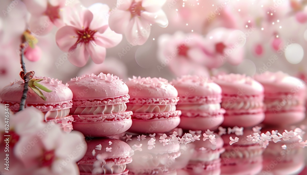 Row of pink macarons with blooming cherry blossoms in the background Row of pink macarons with blooming cherry blossoms in the background
