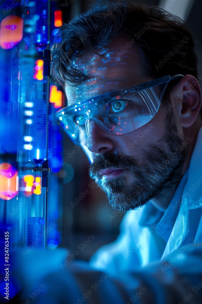 Obraz premium Scientist analyzing data in lab, blue screens, concentrated expression, modern equipment, closeup