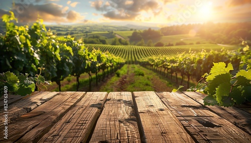 Rustic wooden table with a vineyard backdrop under a bright sun