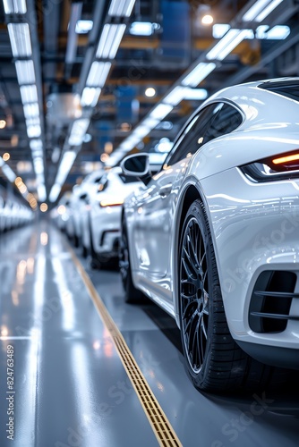 Sleek white cars lined up in a modern, brightly lit factory, clean and organized © Creative_Bringer