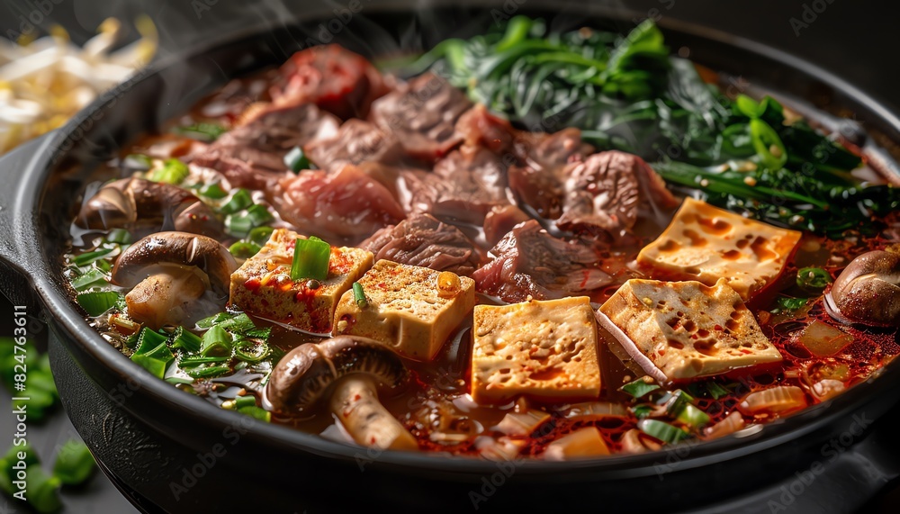 Steaming hot pot with fresh beef, mushrooms, tofu, and greens, top view, against a dark background Steaming hot pot with fresh beef, mushrooms, tofu, and greens, top view, against a dark background