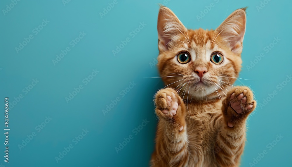 Surprised orange tabby cat with paws up, blue background Surprised orange tabby cat with paws up, blue background