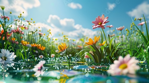 Spring blue sky grass flowers poster background