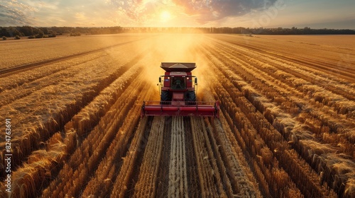 A harvester machine in action cutting wheat crops during a dramatic sunset, signifying completion of the season