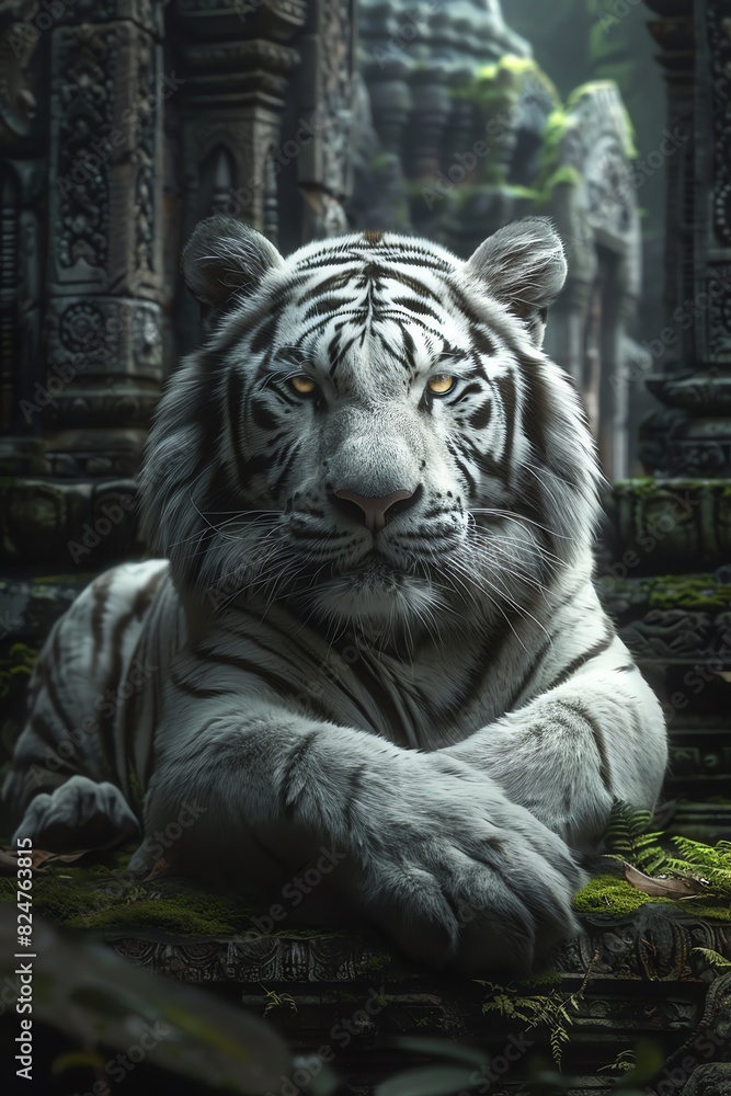 White tiger lounging on mossy forest floor, ancient temple in background, mystical light White tiger lounging on mossy forest floor, ancient temple in background, mystical light