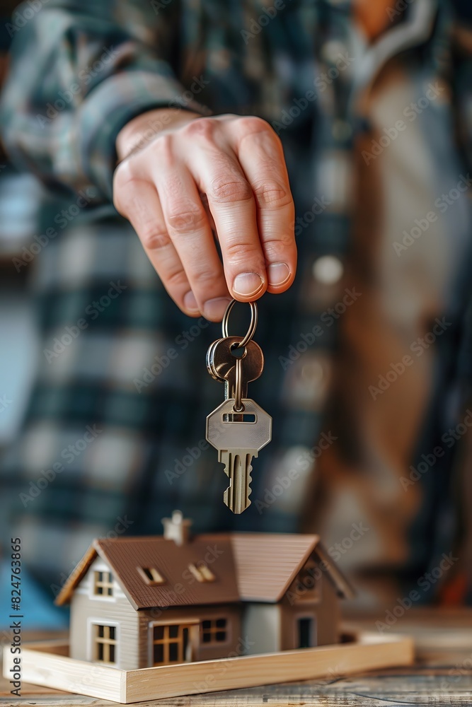 The real estate agent handed over the keys and a miniature house on table The real estate agent handed over the keys and a miniature house on table