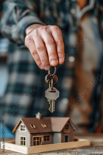 The real estate agent handed over the keys and a miniature house on table