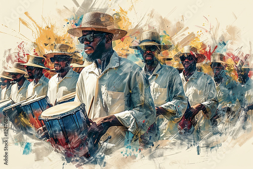 A vibrant watercolor painting capturing a group of men energetically playing drums, wearing straw hats and traditional attire photo