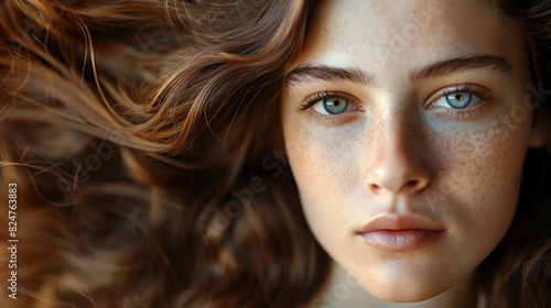 Woman with flowing brown hair, closeup, soft lighting © Creative_Bringer