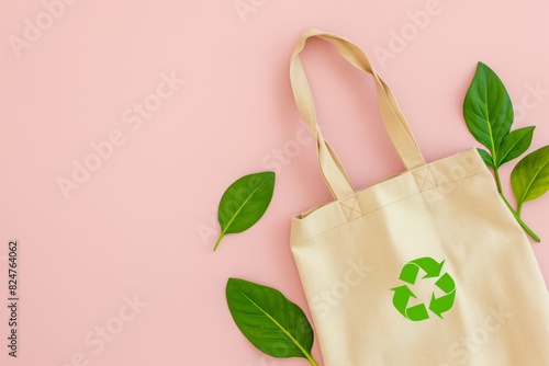 Top view of a sustainable canvas tote bag with a green recycle logo, surrounded by fresh leaves on a soft pink backdrop, embodying an eco-conscious lifestyle and environmental awareness