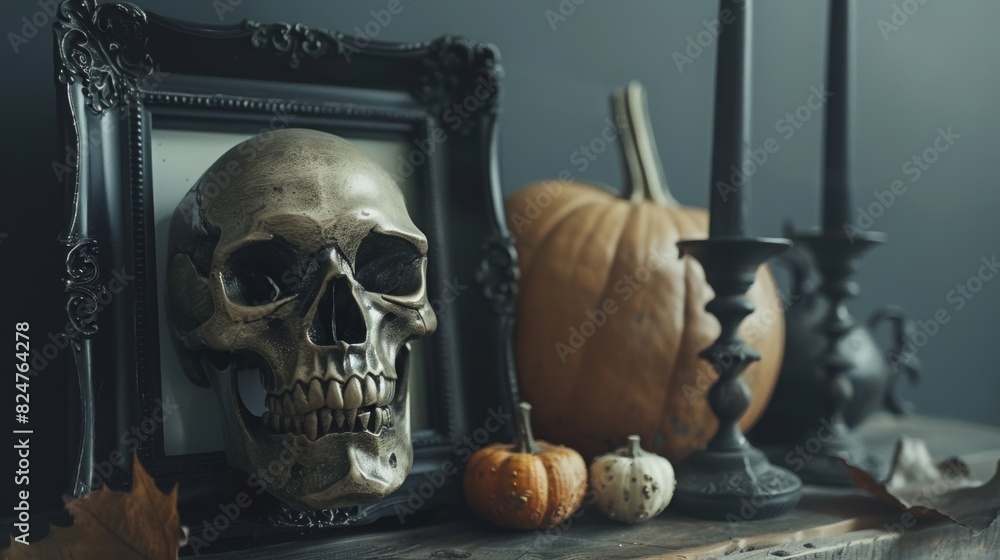 An ornament for Halloween, a black mystical picture frame with a gold skull on top An ornament for Halloween, a black mystical picture frame with a gold skull on top
