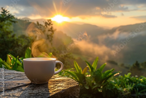 a cup of coffee on a ledge overlooking a valley photo