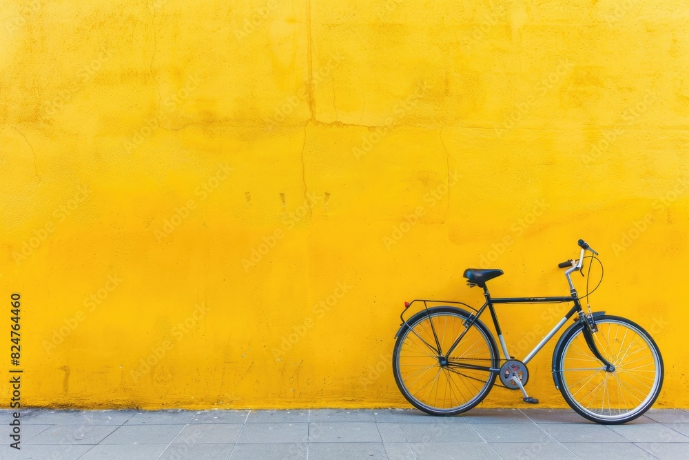Naklejka premium Vintage yellow bicycle parked against an old brick wall in the city