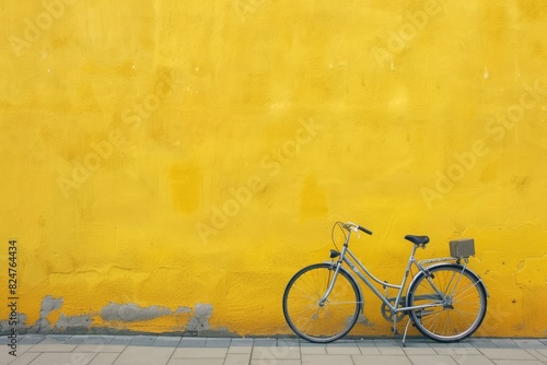 Vintage yellow bicycle parked against an old brick wall in the city