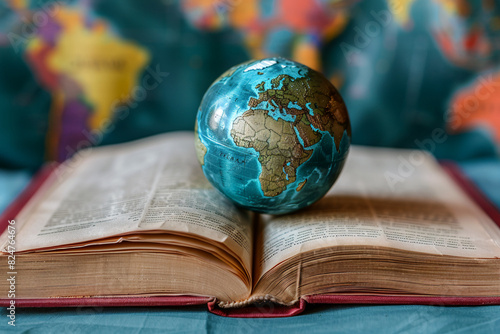 Create an image illustrating the concept of global education with a world globe on book pages arranged in a circular layout. Use a white background with a hint of blue at the edges to add depth © Izhar