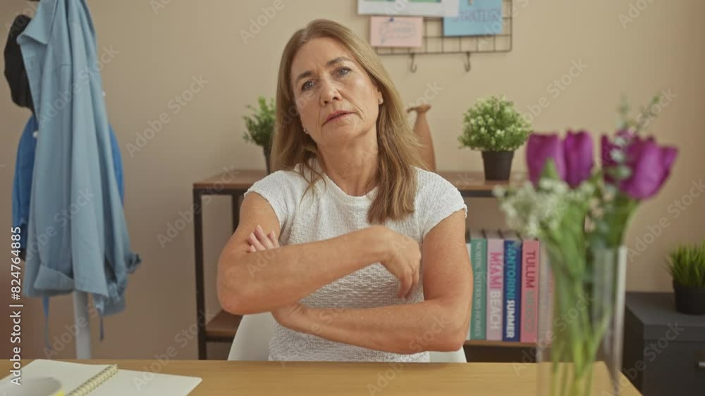 Mature woman crosses arms in a home office with flowers, a notepad, and decor in the background, depicting concentration and serenity. Mature woman crosses arms in a home office with flowers, a notepad, and decor in the background, depicting concentration and serenity.