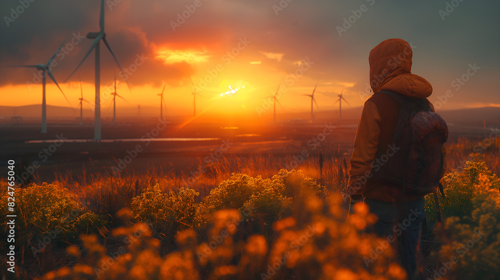 Man Standing in Field With Windmills in Background Man Standing in Field With Windmills in Background