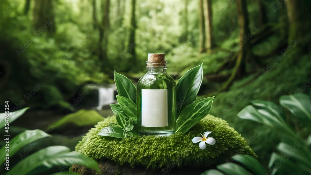 mockup of a natural organic cosmetic product, featuring a glass bottle gracefully positioned mockup of a natural organic cosmetic product, featuring a glass bottle gracefully positioned