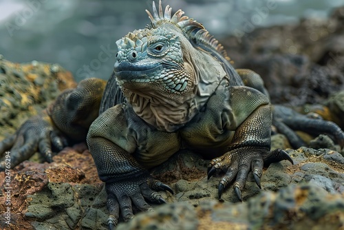 A large sea iguana sitting on the rocks, high quality, high resolution