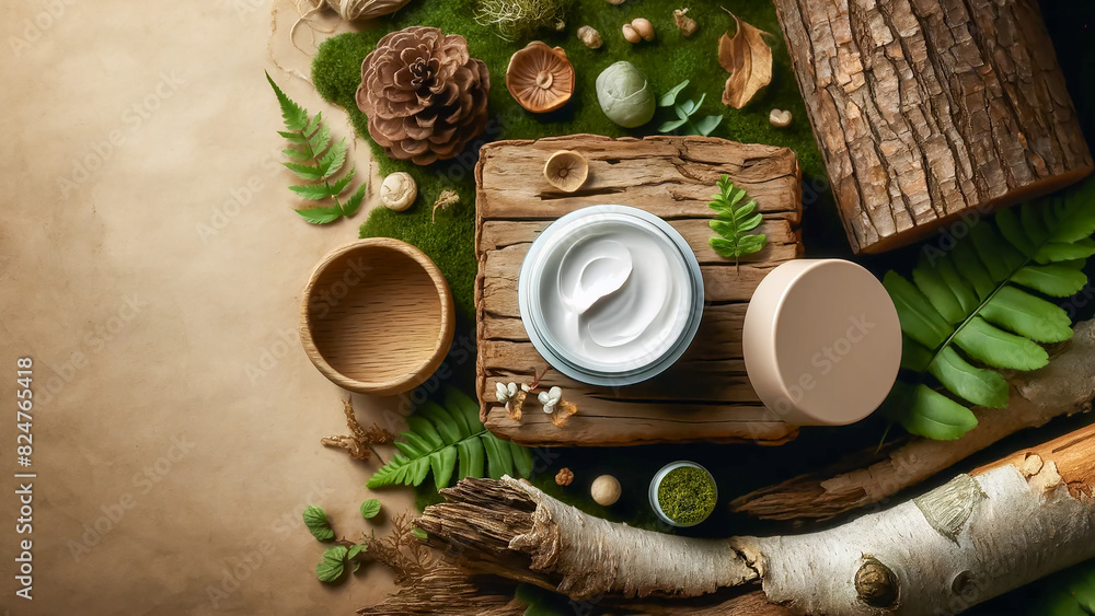mockup of a blank jar of natural cosmetic cream, thoughtfully placed next to a wooden cup mockup of a blank jar of natural cosmetic cream, thoughtfully placed next to a wooden cup