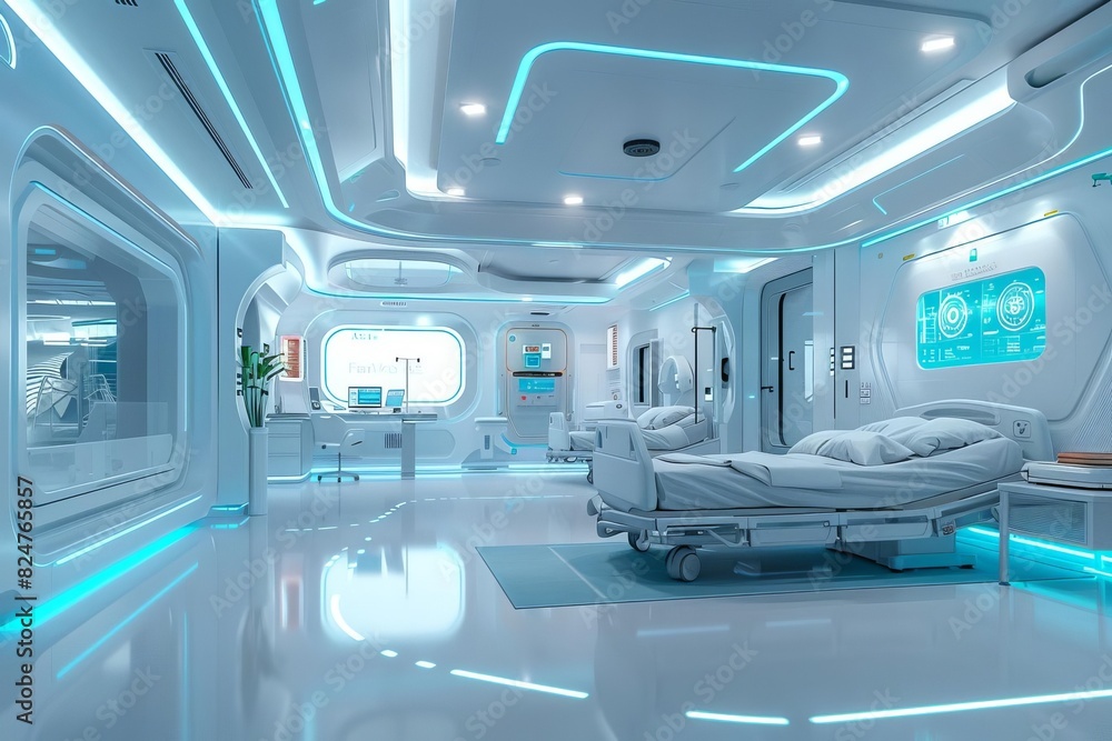 Obraz premium Futuristic high-tech hospital room with advanced medical equipment and modern design, showcasing a clean and sterile environment.