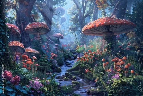 a stream in a forest with mushrooms photo