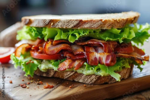 Close-up of a bacon, lettuce, and tomato sandwich on toasted bread, served on a rustic wooden surface
