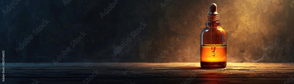 An elegant side-lit shot of an amber oil bottle, dropper poised above, against a dark, moody backdrop, panoramic space above for copy. An elegant side-lit shot of an amber oil bottle, dropper poised above, against a dark, moody backdrop, panoramic space above for copy.