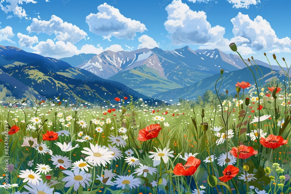 a field of flowers and mountains