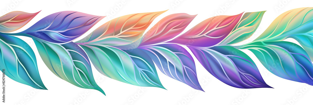 Holographic plants leaves, arranged in one line, on transparent background. Vibrant, iridescent color. Divider, separating graphic design element. Can be used as footer or header. Holographic plants leaves, arranged in one line, on transparent background. Vibrant, iridescent color. Divider, separating graphic design element. Can be used as footer or header.