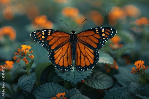 Illustration of  monarch butterfly perched on a leaf near colorful green vegetation © Nam