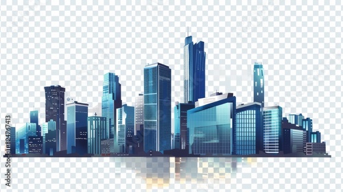 The skyline of a city with office buildings and skyscrapers on a transparent background as a png sticker