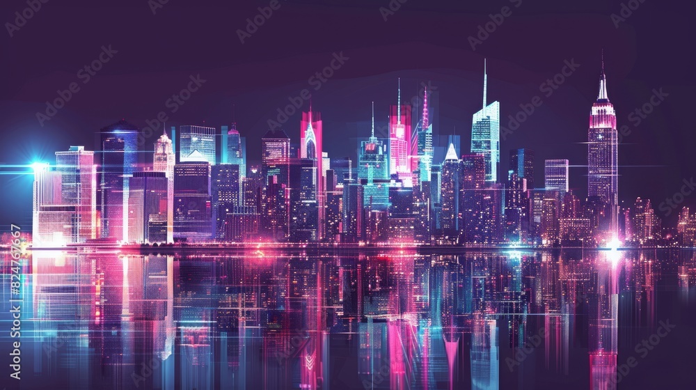 Printed neon skyscrapers on transparent backgrounds, with city skylines