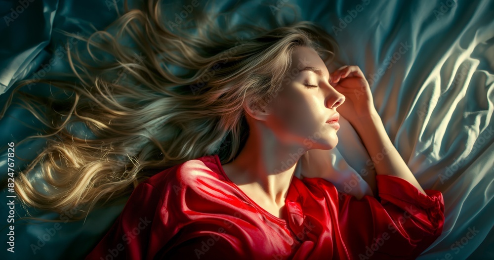 Draped in a red shirt, a young blonde woman sleeps soundly Draped in a red shirt, a young blonde woman sleeps soundly