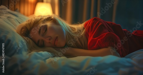 Wearing a red  shirt, a young woman sleeps soundly in a dimly lit with a lamp photo