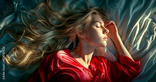 Draped in a red shirt, a young blonde woman sleeps soundly photo