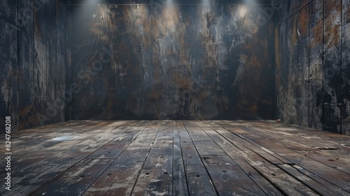 The lighting on an empty floor stage background has deteriorated. photo