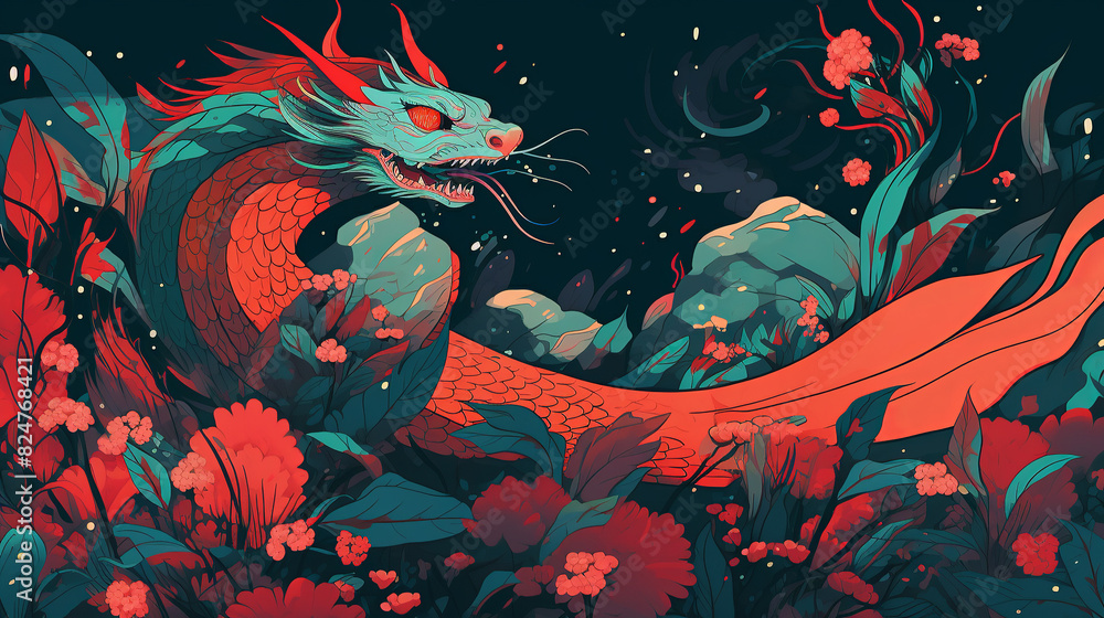 A fierce dragon, surrounded by red flowers and plants designed for hell. The style is colorful animation stills with flat colors and bold lines, in the style of early award-winning animations, sparkle