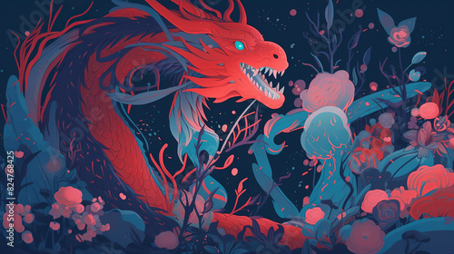 A fierce dragon, surrounded by red flowers and plants designed for hell. The style is colorful animation stills with flat colors and bold lines, in the style of early award-winning animations, sparkle photo