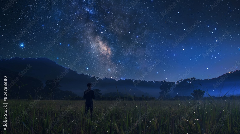 Man standing by a glowing milky way star and taking a photograph of a landscape mountain in a field. Man standing by a glowing milky way star and taking a photograph of a landscape mountain in a field.