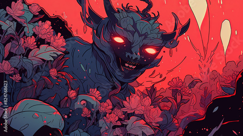 A humanoid demon, surrounded by red flowers and plants designed for hell. The style is colorful animation stills with flat colors and bold lines, in the style of early award-winning animations, sparkl photo