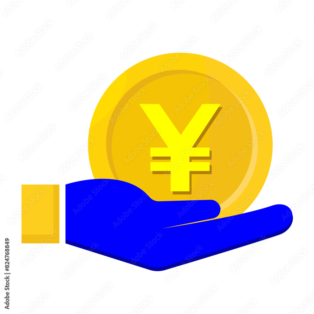 Fototapeta premium Design of a golden Chinese Yuan coin in hand on a white background. Can be used as an icon, logo or as a separate design element for posters, banners on the theme of financial vectors
