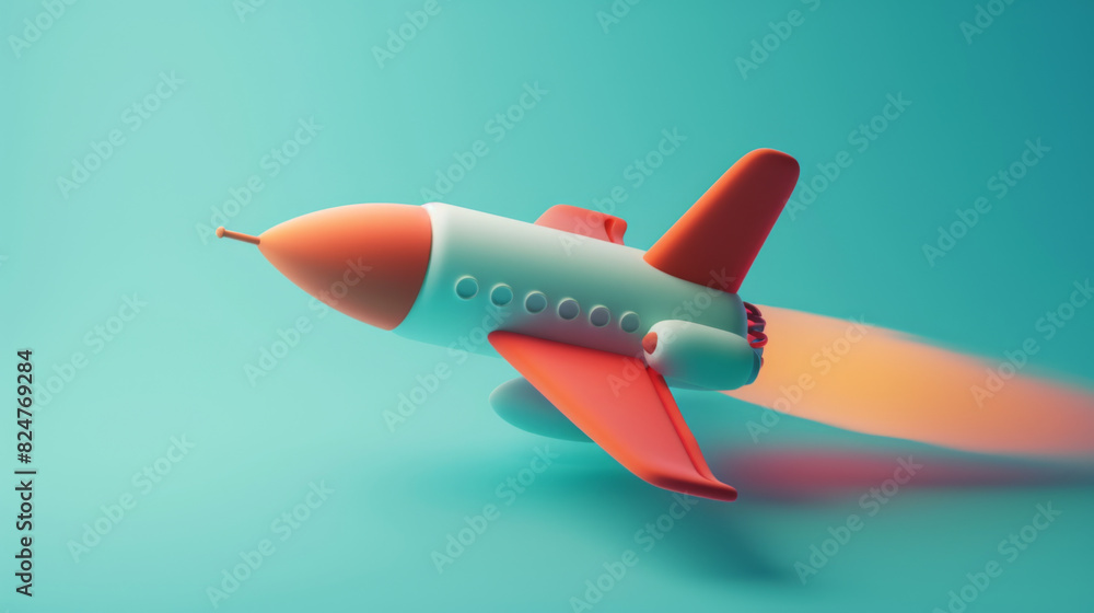Colorful toy rocket launching with a dynamic motion blur effect on a teal background.