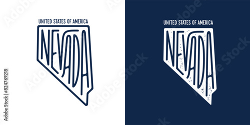 Nevada. Hand drawn USA state name inside state silhouette on blue background. Modern calligraphy for t shirt prints, posters, stickers, cards, souvenirs. Vector vintage illustration.