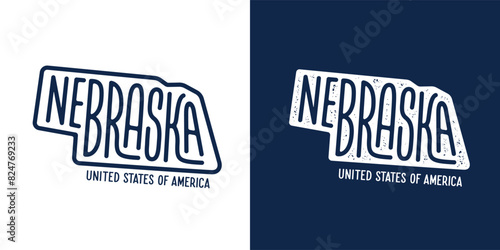 Nebraska. Hand drawn USA state name inside state silhouette on blue background. Modern calligraphy for t shirt prints, posters, stickers, cards, souvenirs. Vector vintage illustration.