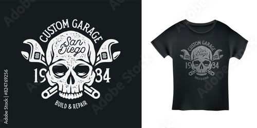 Custom garage vintage motorcycle t-shirt design. Grunge skull with crossed wrenches. Vector vintage illustration.