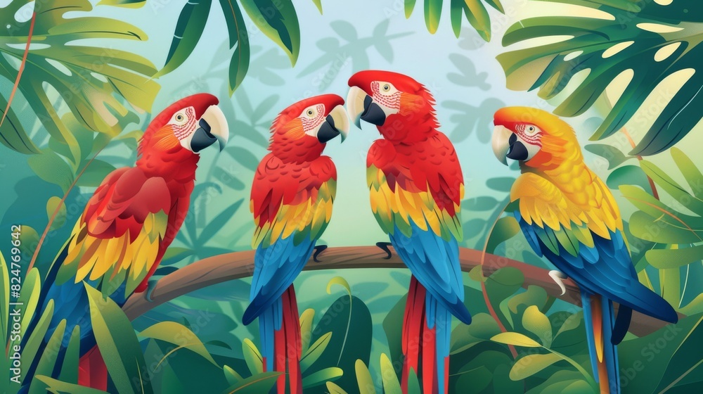 Illustration showing colorful macaws in a tropical setting