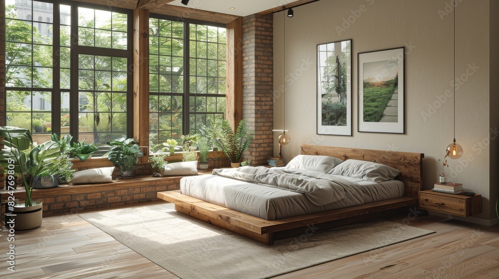 Cozy well-lit bedroom featuring a large bed, brick wall, and a view of greenery